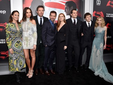 L-R: Diane Lane, Gal Gadot, Ben Affleck, Zack Snyder, Amy Adams, Henry Cavill, Jesse Eisenberg and Holly Hunter attend the launch of Bai Superteas at the "Batman v Superman: Dawn of Justice" premiere on March 20, 2016 in New York City.