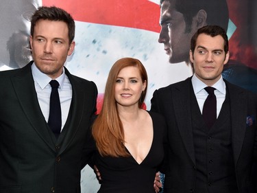 L-R: Actors Ben Affleck, Amy Adams,and Henry Cavill attend the launch of Bai Superteas at the "Batman v Superman: Dawn of Justice" premiere on March 20, 2016 in New York City.