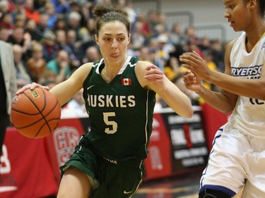 The University of Saskatchewan Huskies captured their first-ever Canadian Interuniversity Sport women's basketball championship title and Bronze Baby trophy Sunday with a 85-71 victory over the Ryerson Rams at Fredericton, N.B. Photo James West Photography for CIS