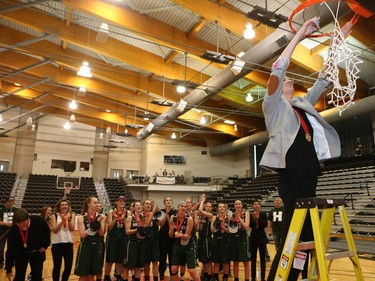 The University of Saskatchewan Huskies captured their first-ever Canadian Interuniversity Sport women's basketball championship title and Bronze Baby trophy Sunday with a 85-71 victory over the Ryerson Rams at Fredericton, N.B. Photo courtesy University of New Brunswick.