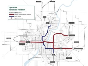 This graphic from Saskatoon's growth plan shows the proposed routes for a bus rapid transit system. (City of Saskatoon)