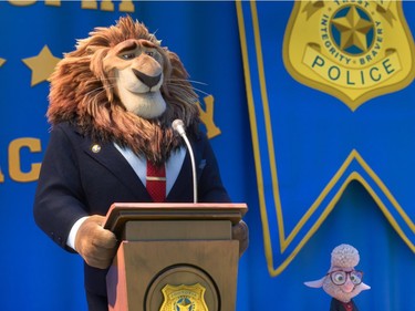 J.K. Simmons voices Mayor Lionheart (L) and Jenny Slate voices Assistant Mayor Bellwether in "Zootopia."