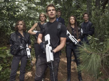 L-R: Zoe Kravitz, Shailene Woodley, Theo James, Ansel Elgort, Maggie Q and Miles Teller star in "The Divergent Series: Allegiant."