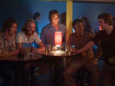 L-R: Glen Powell, Wyatt Russell, Blake Jenner, James Quinton Johnson  and Temple Baker star in "Everybody Wants Some."