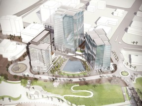 This rendering shows revised plans for office towers that would be part of a major development on Parcel Y at River Landing in Saskatoon. The big proposed change would be the 22-storey office tower at Second Avenue South and 19th Street East. (Triovest Realty Advisors Inc.)
