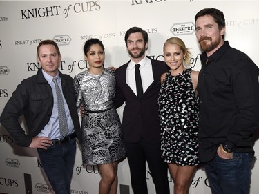 L-R: Thomas Lennon, Freida Pinto, Wes Bentley, Teresa Palmer and Christian Bale arrive at the premiere of "Knight of Cups" at The Theatre at Ace Hotel, in Los Angeles, California, March 1, 2016.