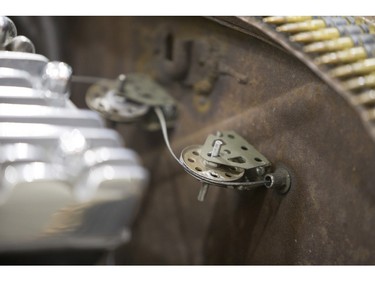 The throttle linkage built from vintage Mechano on Owen Jeancart's 1929 Model A Ford custom made to resemble a Second World War B17 bomber at the Draggins 56th annual Car Show at Prairieland Park on Friday, March 25th, 2016.