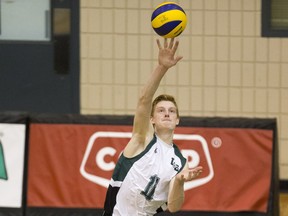 University of Saskatchewan Huskies setter CJ Gavlas serves against the University of Regina Cougars in CIS Men's Volleyball action on Saturday, February 20th, 2016. The Huskies have two chances coming up this weekend to get into the CIS national championship.