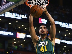 Trey Lyles of the Utah Jazz dunks against the Boston Celtics during the third quarter at TD Garden on February 29, 2016 in Boston.  The Jazz take on the Toronto Raptors Wednesday March 2, 2016.