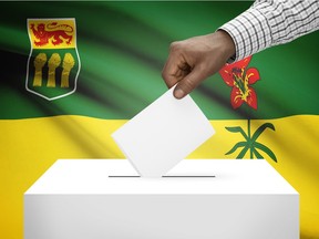 Voting concept - Ballot box with Canadian province flag on background - Saskatchewan