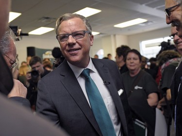 Brad Wall greets supporters during the Saskatchewan Party's election campaign kick-off in Saskatoon, March 8, 2016.