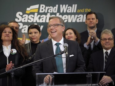 Brad Wall speaks to supporters during the Saskatchewan Party's election campaign kick-off in Saskatoon, March 8, 2016.