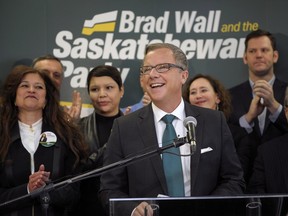 Brad Wall speaks to supporters during the Saskatchewan Party's election campaign kick-off Tuesday in Saskatoon.