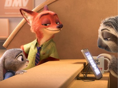 Ginnifer Goodwin voices Judy Hopps (R) and Jason Bateman voices Nick Wilde in "Zootopia."