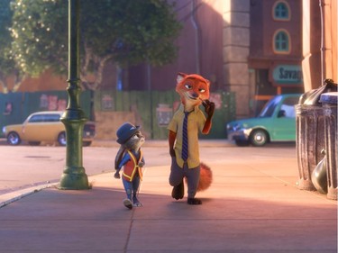 Ginnifer Goodwin voices Judy Hopps (L) and Jason Bateman voices Nick Wilde in "Zootopia."