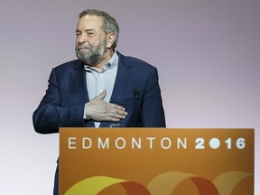 Federal NDP leader Thomas Mulcair speaks during the Edmonton 2016 NDP national convention at Shaw Conference Centre in Edmonton, Alta., on Sunday April 10, 2016.