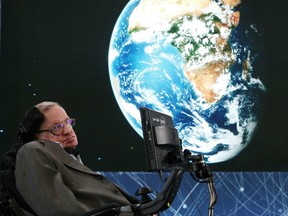 Professor Stephen Hawking at the New Space Exploration Initiative "Breakthrough Starshot" Announcement at One World Observatory on April 12, 2016 in New York City.