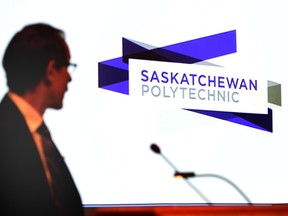 SIAST President and CEO Larry Rosia announces that SIAST campuses in the province are now going to be Saskatchewan Polytechnic at a gathering in Regina September 24, 2014.