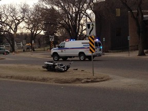 A motorcycle crash at the base of the Broadway Bridge slowed morning traffic on Friday, April 22, 2016.