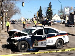 A Saskatoon police officer was taken to hospital after his vehicle crashed into a tree on the 1400 block of Idylwyld Drive North on Saturday, April 2, 2016.