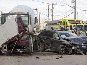 A collision involving a cement truck and two SUV's took place at 105th Street and Jessop Avenue in the Sutherland area on April 7, 2016