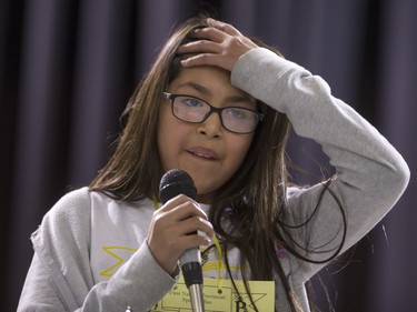 Makayla Cannepotato competes in the first ever First Nations Provincial Spelling Bee at the Don Ross Centre in North Battleford, April 8, 2016. Cannepotato goes on to take first place in the Junior competition.