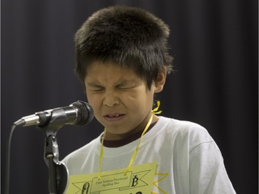 Franklin Reynolds competes in the first ever First Nations Provincial Spelling Bee at the Don Ross Centre in North Battleford, April 8, 2016.