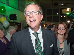 Brad Wall and his wife Tami arrive at the Saskatchewan Party victory celebration at Palliser Pavilion in Swift Current, Saskatchewan, April 4, 2016.