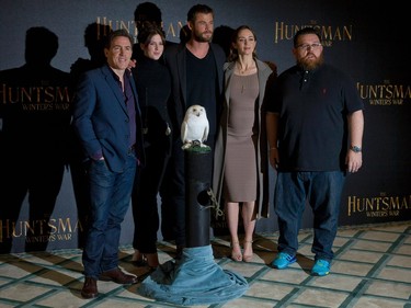 L to R: Actors Rob Brydon, Alexandra Roach, Chris Hemsworth, Emily Blunt and Nick Frost pose for pictures at a photo call to promote"The Huntsman: Winter's War" in London, England, March 31, 2016.