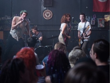 L-R: Callum Turner, Joe Cole, Alia Shawkat and Anton Yelchin star in "Green Room."