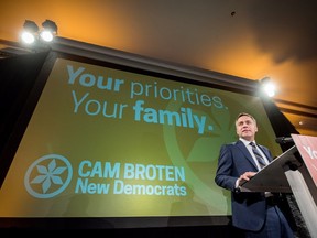 NDP Saskatchewan Leader Cam Broten addresses his supporters at the Saskatchewn NDP election headquarters in Saskatoon, Sask., Monday, April 4, 2016.