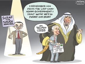 Editorial Cartoon by Graeme MacKay, The Hamilton Spectator – Thursday, April 14, 2016  Scrap the Saudi arms deal, says Clement   Foreign Affairs Minister Stéphane Dion says he is prepared to cancel the export permits for a controversial arms sale to Saudi Arabia if there is any evidence the armored vehicles made in Canada are used in human rights violations.  "As with all export permits, the minister of foreign affairs retains the power to revoke at any time the permit should the assessment change," said Dion, pointing out that there is no indication that Canadian-made armored vehicles sold to Saudi Arabia in the past have been used to violate human rights.  "Should I become aware of credible information of violations related to this equipment, I will suspend or revoke the permits. We are watching this closely and will continue to do so."  Speaking to reporters on his way into Question Period where the government came under fire for the deal, Dion defended the $15 billion sale, saying Canada's credibility would be harmed if it didn't honor the contract negotiated in 2014.  Dion's comments come following the revelation by the Globe and Mail  that while the Conservative government initially endorsed the deal to sell $15 billion worth of armored vehicles to Saudi Arabia – one of the biggest arms sales in Canadian history – it was Dion who signed the expert permits on Friday, a crucial step in the sale that many had thought had already taken place.  When they came to power, Trudeau's Liberals indicated the sale was a done deal and their hands were tied. Without the export permits, however, the sale would have been stalled.  Global Affairs Department documents stamped secret and released by the Justice Department this week in response to a court challenge to the sale, indicate the department recommended the deal because it could help Saudi Arabia in its conflict with neighboring Yemen.  However, Conservative Foreign Affairs Critic Tony Clement said there was no understanding the vehicles could be used in Yemen when the Conservative government first endorsed the contract. He is concerned that changes in the region since then mean that the armored vehicles could be used against civilians.  "The hinge on the deal in the first place was it was not going to be used to facilitate human rights abuses, it was going to be used in the fight against terrorism. If that is no longer the case then I have no hesitation in saying the deal should be torn up."  Clement was also sharply critical of Dion, saying he secretly signed the export permits necessary for the massive arms sale. (Source: ipolitics) http://ipolitics.ca/2016/04/13/scrap-the-saudi-arms-deal-says-clement  Canada, Tony Clement, Stephane Dion, Saudi Arabia, arms, deal, jobs, military, human rights