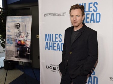 Ewan McGregor poses at the premiere of "Miles Ahead" at the Writers Guild Theatre, March 29, 2016 in Beverly Hills, California.