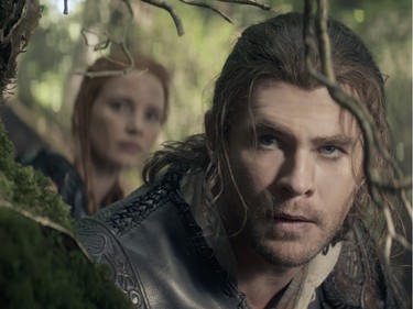 Chris Hemsworth as Eric the Huntsman and Jessical Chastain as warrior Sara in "The Huntsman: Winter's War."