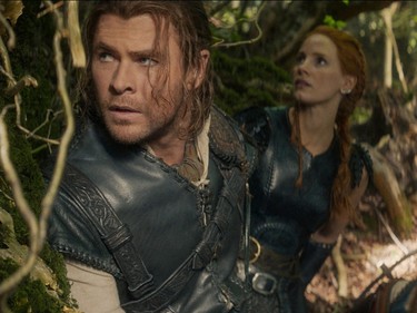 Chris Hemsworth as Eric the Huntsman and Jessica Chastain as Sara in "The Huntsman: Winter's War."