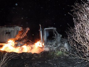 Firefighters responded to a grass fire where a semi was also burning west of Saskatoon, five kilometres north of Highway 14 on Range Road 3072, at 11:40 p.m. Thursday, April 28, 2016.