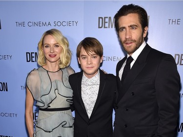 L-R: Naomi Watts, Judah Lewis, and Jake Gyllenhaal attend a screening of "Demolition" hosted by Fox Searchlight Pictures with the Cinema Society at the SVA Theatre on March 21, 2016 in New York City.