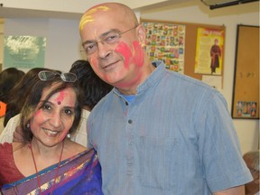 Isha Kumar and her husband Kumar Balachandran celebrate the Holi Festival at the Hindu Temple. Submitted Photo