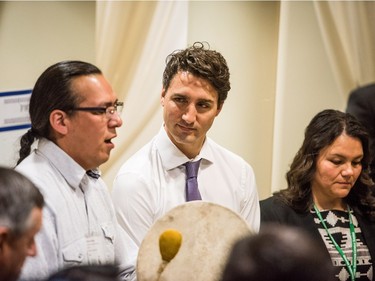 Prime Minister Justin Trudeau meets with students, teachers, chiefs and dignitaries at Oskayak High School in Saskatoon, April 27, 2016.