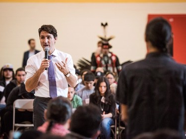 Prime Minister Justin Trudeau speaks with students, teachers, chiefs and dignitaries at Oskayak High School in Saskatoon, April 27, 2016.