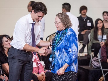 Prime Minister Justin Trudeau meets with students and teachers at Oskayak High School in Saskatoon, April 27, 2016.