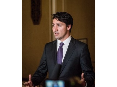 Prime Minister Justin Trudeau addresses press after meeting with Saskatchewan Premier Brad Wall in Saskatoon, April 27, 2016.