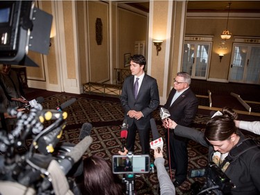 Prime Minister Justin Trudeau, left, addresses press with Minister of Public Safety Ralph Goodale after meeting with Saskatchewan Premier Brad Wall in Saskatoon on Wednesday, April 27, 2016.