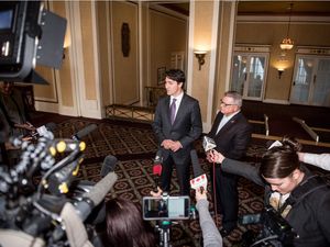 Prime Minister Justin Trudeau, left, addresses press with Minister of Public Safety Ralph Goodale after meeting with Saskatchewan Premier Brad Wall in Saskatoon on Wednesday, April 27, 2016.