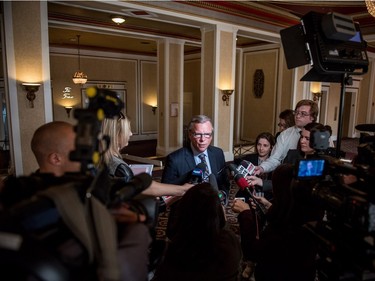 Saskatchewan Premier Brad Wall addresses press after meeting with Prime Minister Justin Trudeau in Saskatoon, April 27, 2016.