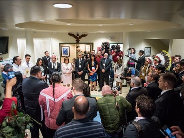 Prime Minister Justin Trudeau meets with students, teachers, chiefs and dignitaries at Oskayak High School in Saskatoon, April 27, 2016.