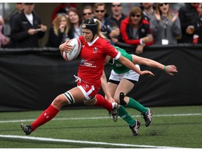 Team Canada's Kayla Mack (of Saskatoon), scores a try during action against Team Ireland at the HSBC Women's Sevens Series at Westhills Stadium in Langford, B.C., Saturday, April 16, 2016.