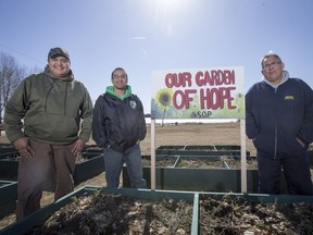 Phillip McLeod, Alex Halkett and Mike Bird are travelling to communities across northern Saskatchewan teaching residents how to create and maintain gardens. They stand for a photograph at the community garden in La Ronge, which they will help maintain.