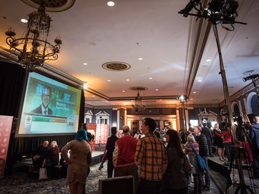 NDP supporters watch as results come in from the the Saskatchewan Election at the Saskatchewn NDP election headquarters in Saskatoon, April 4, 2016.