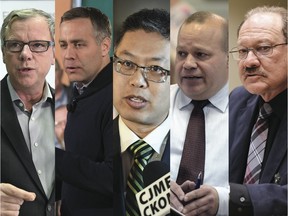 Saskatchewan Party leader Brad Wall, NDP leader Cam Broten, Green Party leader Victor Lau, Liberal leader Darrin Lamoureux and PC leader Rick Swenson.